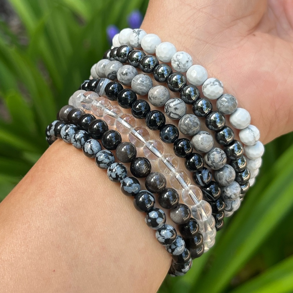 6mm stretchable black and gray bracelet set